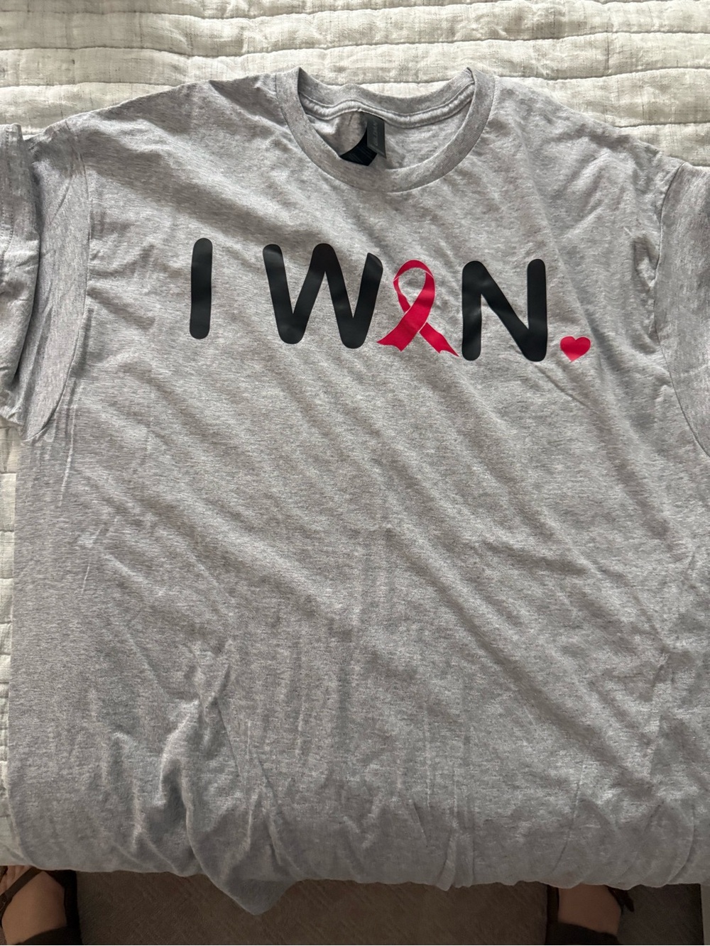 Gray "I WON" Graphic Tee with Pink Ribbon (Breast Cancer Awareness)